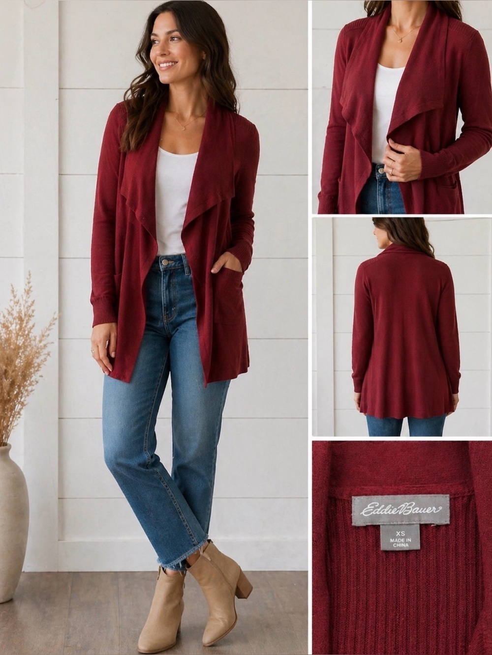 Eddie Bauer M Merino Wool Burgundy open large cuff large collar cardigan classic